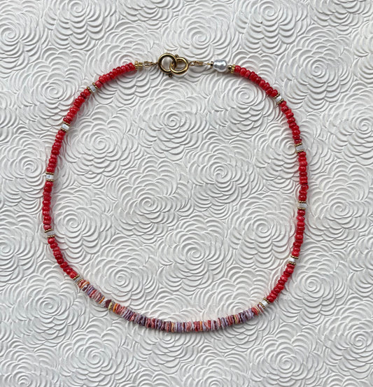 BAIN DE SOLEIL - Collier de perles corail, nacre & coquillage